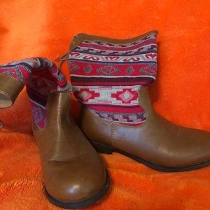 Tan and Red Patterned Boots
